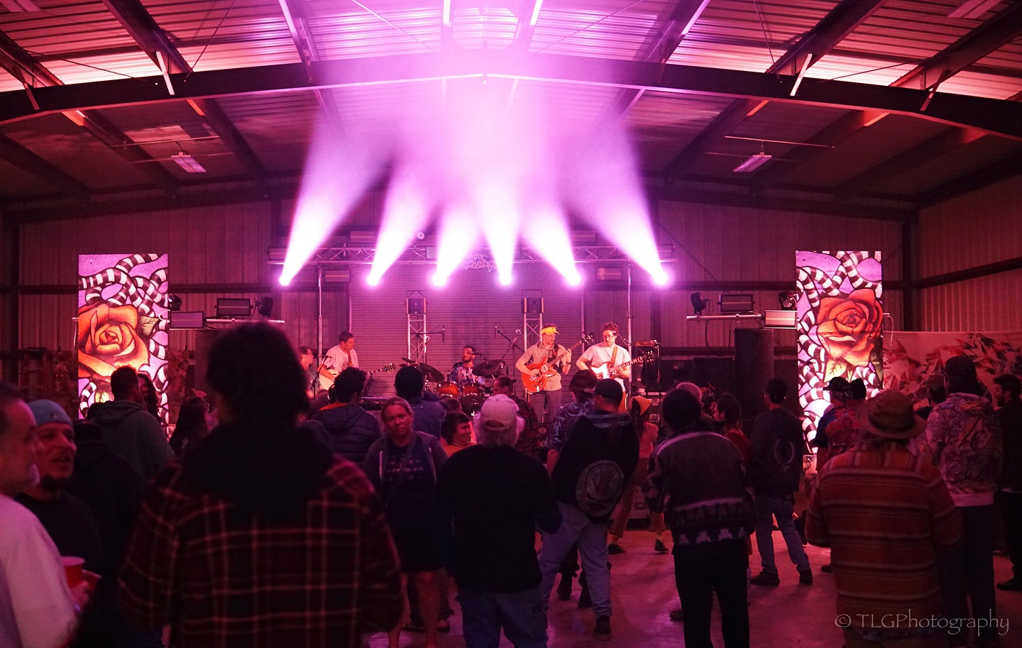 Full Band Performance with Rose Backdrop